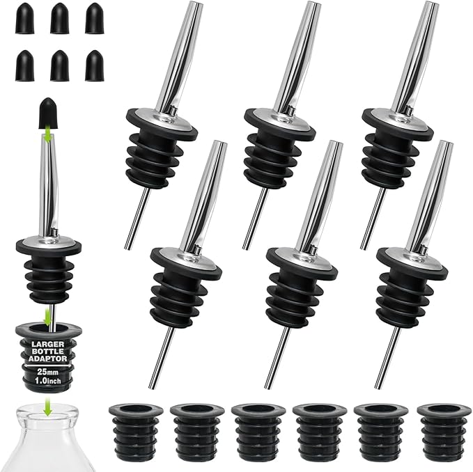 6PCS Bottle Pourer with Adapters, Oil Pourer Spout with Rubber Dust Caps by BALTRE