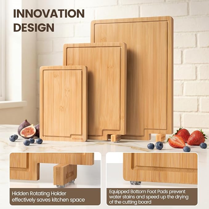 Kikcoin Bamboo Cutting Boards for Kitchen Set of 3, Extra Large Wood Cutting - Image 2