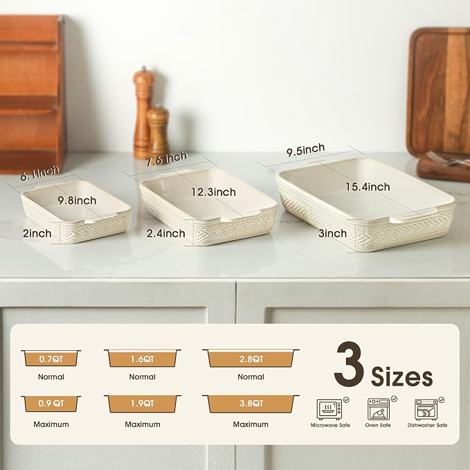 Casserole Dishes for Oven, Ceramic Baking Dishes Set of 3, Rectangular Lasagna - Image 2