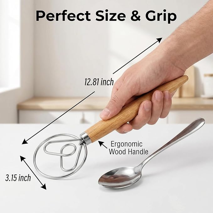 TEEVEA Danish Dough Whisk for Sourdough Bread, Wooden Handle Stainless Steel - Image 6