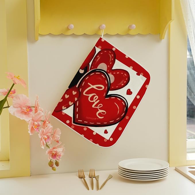 Valentines Dish Drying Mat 18x24 Inch Black Red Hearts Dish Drainer Protector - Image 4