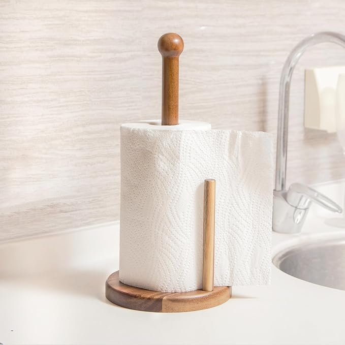 14" Acacia Wooden Paper Towel Holder, 6.7" Large Heavy Base Wooden Kitchen - Image 5