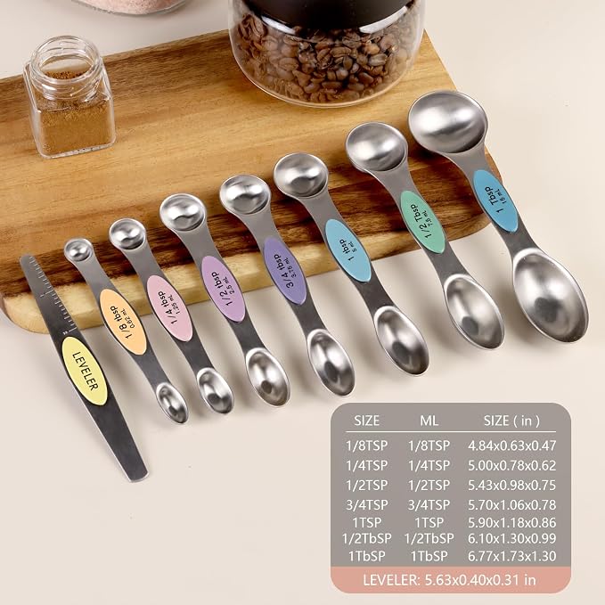 ChefAide Pack of 8 Stainless Steel Magnetic Measuring Spoons Set, Dual Sided - Image 2