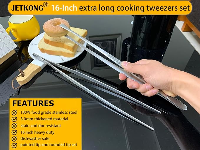 JETKONG 2 Pcs 16-Inch Kitchen Tweezers Extra Long Tweezer Tongs, Heavy Duty - Image 3