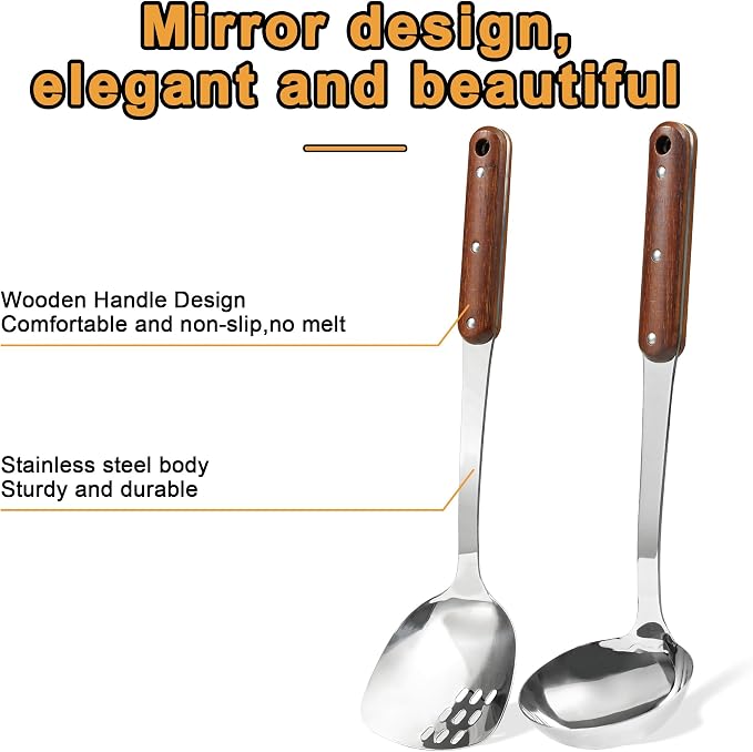 FJNATINH Stainless Steel Wok Spatula and Ladle Tool, Mirror Polished Cooking - Image 2
