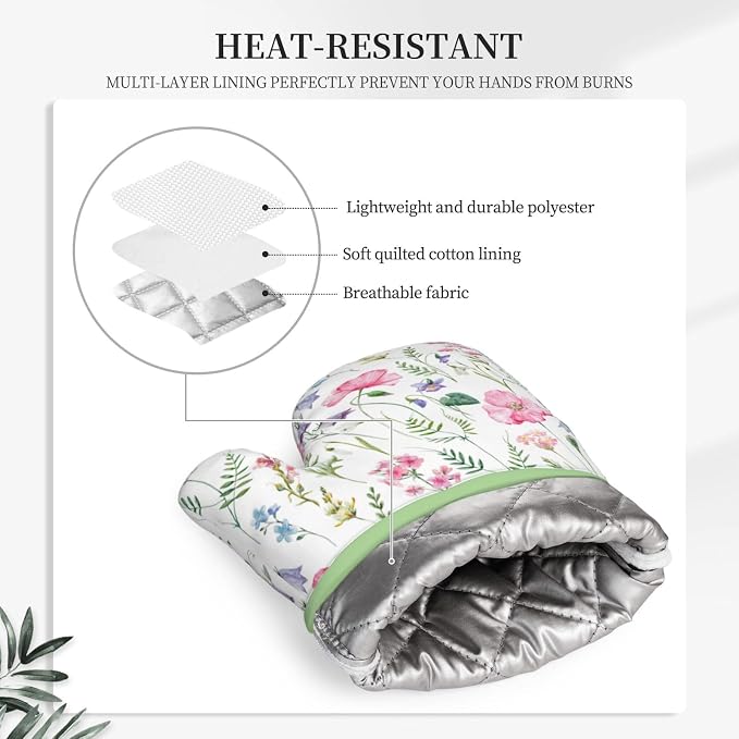 Pink Floral Silicone Oven Mitts Pan Mats Set of 2, Heat Resistant Gloves - Image 4