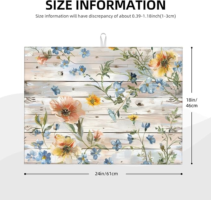 Flowers on Wooden Board Dish Drying Mat 18x24 Inch, Microfiber Absorbent Fast - Image 2