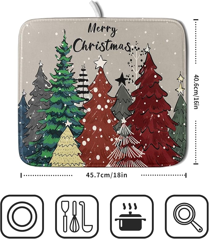 Christmas Trees Dish Drying Mat Winter Holiday Kitchen Dishes Pad 16x18 Inch - Image 2