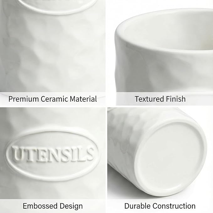 White Utensil Holder Set of 2 Ceramic Cooking Utensil Crock Modern Kitchen - Image 8