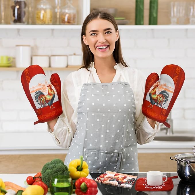 Leinuosen 6 Christmas Red Rooster Farmhouse Kitchen Decor Dish Towels Oven - Image 2