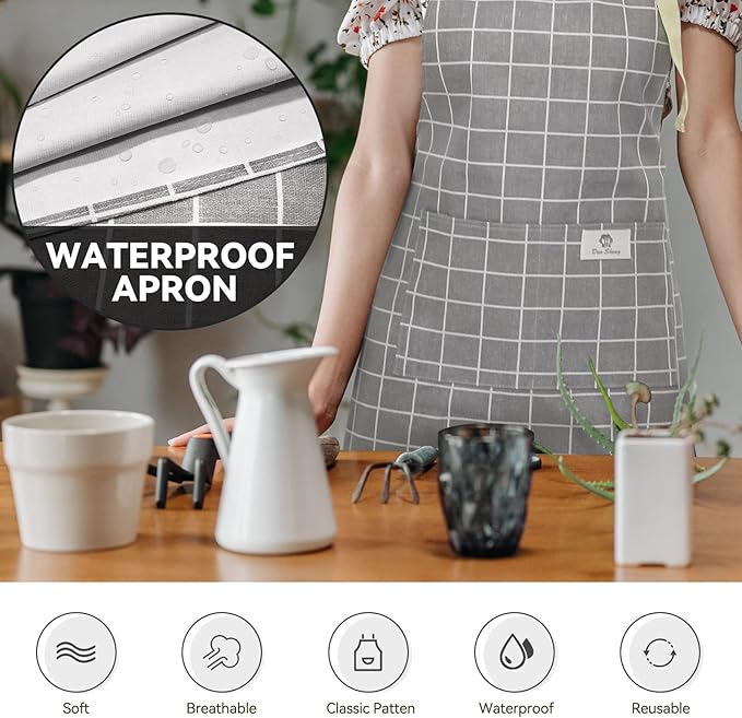 2 Pieces Aprons for Women with Pockets, Cotton Linen Waterproof Kitchen Cooking - Image 6
