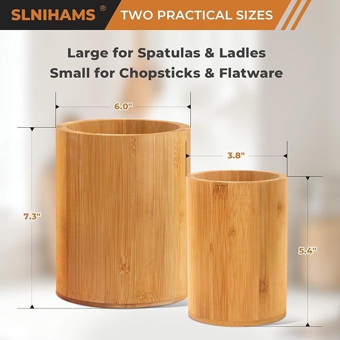 Bamboo Utensil Holder, 7.3"+5.4" Set of 2 Utensil Holders - Image 2