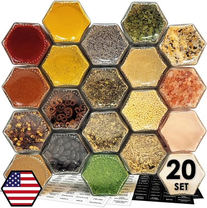 20 Pack Magnetic Spice Jars for Refrigerator, Hexagon Glass Magnetic Spice Jar by CROSS+HOMES