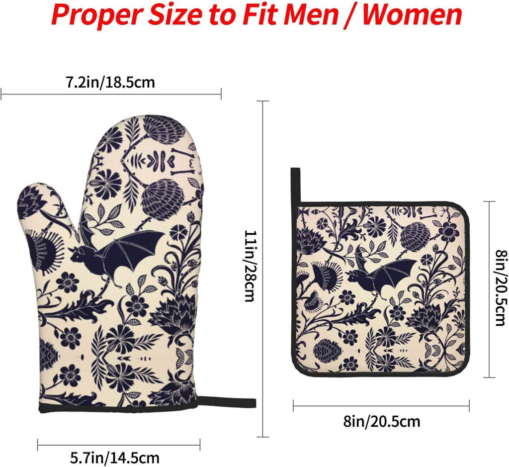 Bats and Flower Oven Mitts and Pot Holders Sets of 4,Resistant Hot
