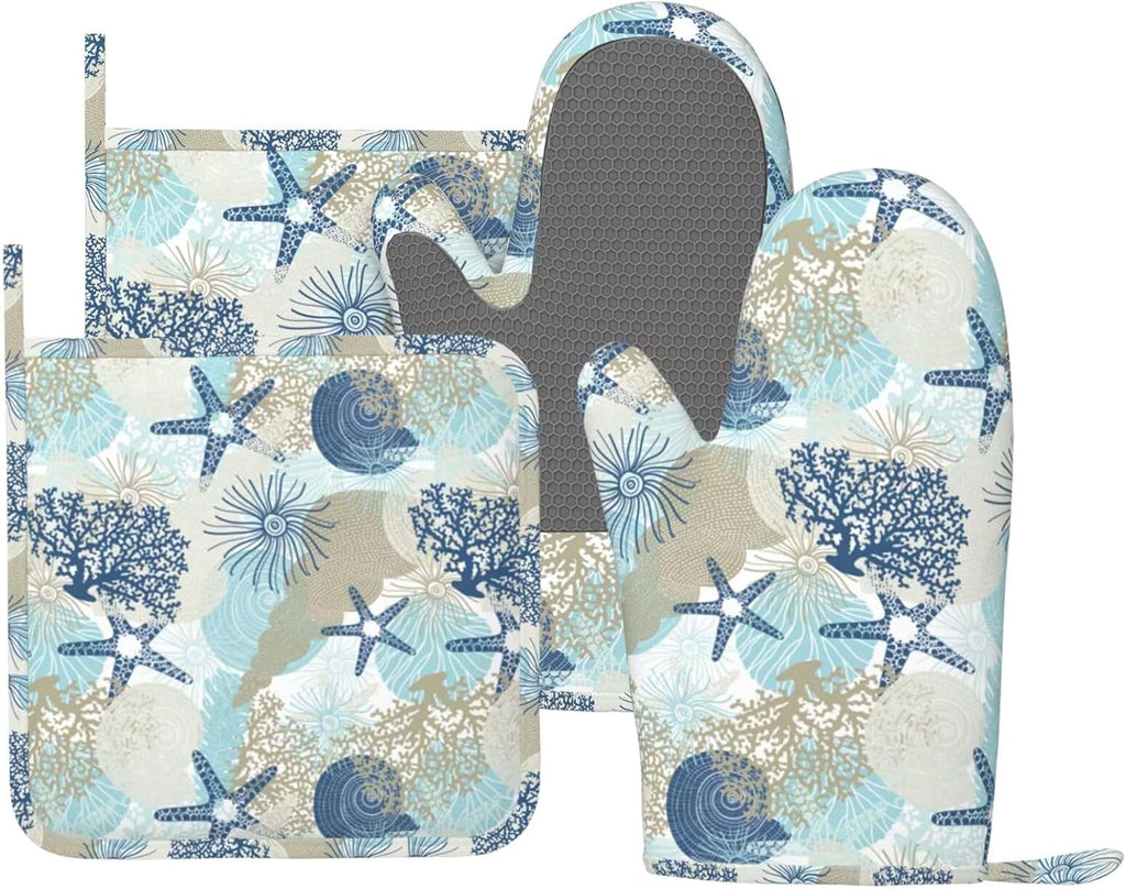 Nautical Coastal Oven Mitts and Pot Holders Set of 4 Silicone Starfish