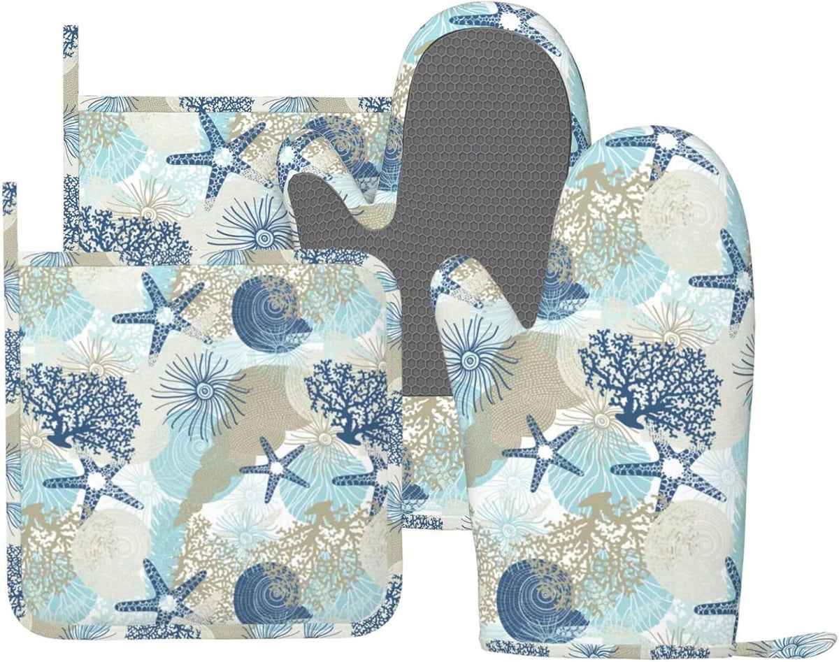 Nautical Coastal Oven Mitts and Pot Holders Set of 4 Silicone Starfish