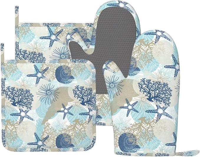 Nautical Coastal Oven Mitts and Pot Holders Set of 4 Silicone Starfish Seashell by BOKEKANG