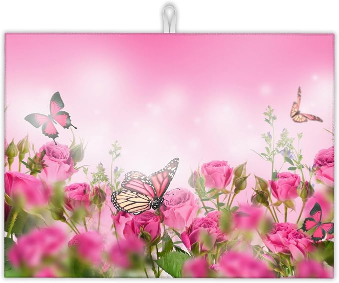 Pink Roses Flowers Dish Drying Mat by UIUPRO
