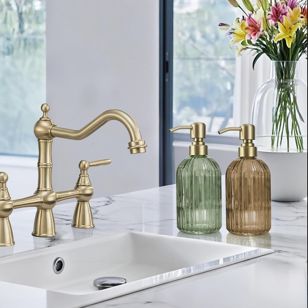 16 OZ Amber Glass Soap Dispenser, Amber Stripe Bathroom Hand Soap
