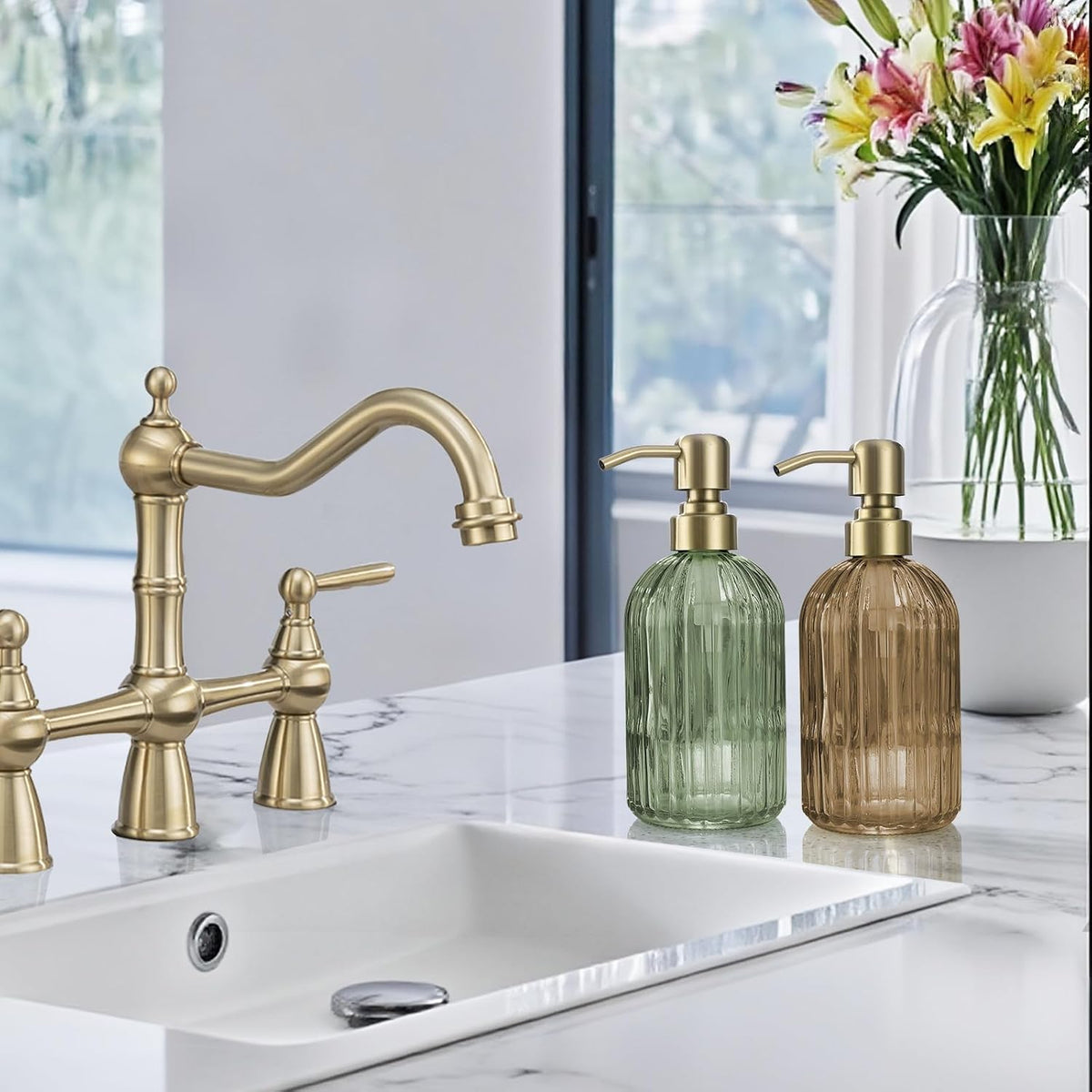16 OZ Amber Glass Soap Dispenser, Amber Stripe Bathroom Hand Soap