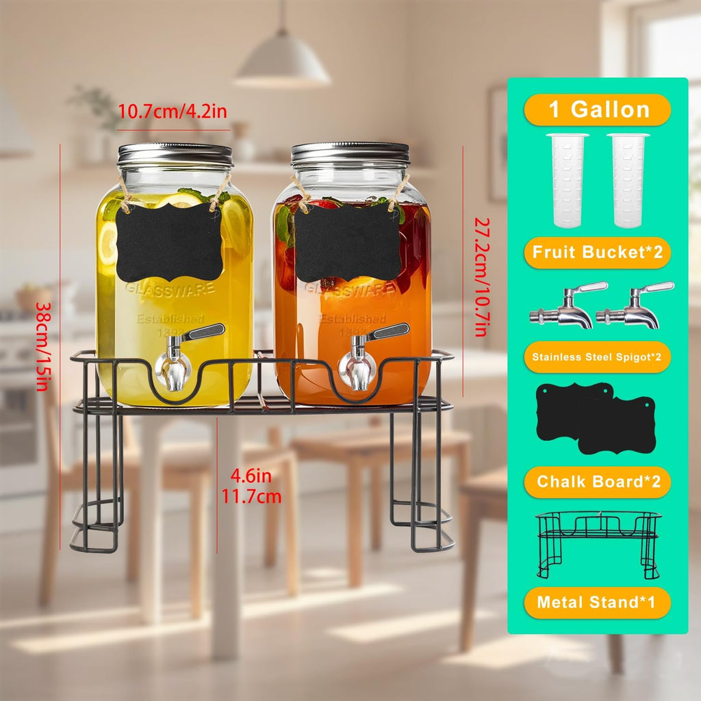 1 Gallon Glass Drink Dispenser with Stand & Stainless Steel Spigot,2