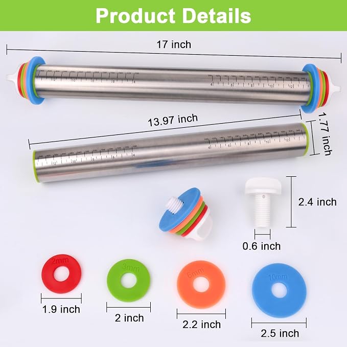 Rolling Pin with Thickness Rings and Red Silicone Baking Mat, Adjustable - Image 2