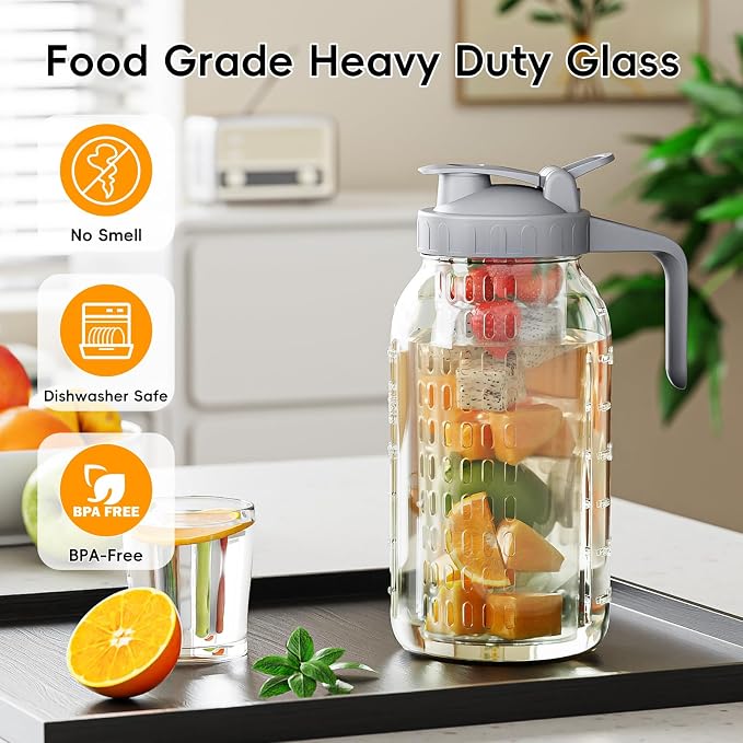 64 oz Glass Pitcher with Lid, Heavy Duty Wide Mouth Mason Jar with Pour Spout - Image 3
