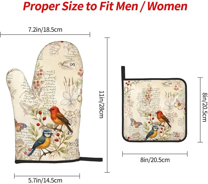 Vintage Bird Themed Hot Pads and Oven Mitts Set of 3, Heat Resistant Non Slip - Image 4