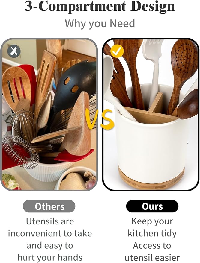 LoeJan 3 Compartment Utensil Holder, Extra Large Utensil Crock, Stable Ceramic - Image 5