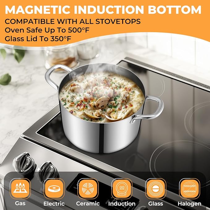 Tri-Ply Stainless Steel Stock Pot, 8 Quart Heavy Duty Induction Cooking Pot - Image 3