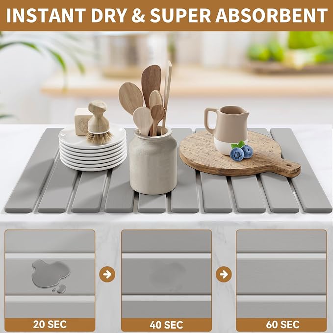 Stone Dish Drying Mats for Kitchen Counter-23.6''x15.3'' Foldable Quick Dry - Image 3