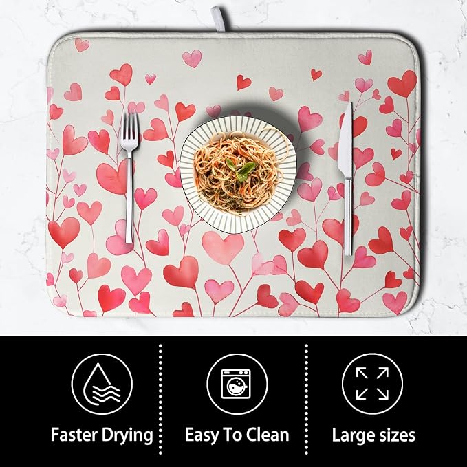 Valentines Pink Love Heart Dish Drying Mat Valentine Day Absorbent Microfiber - Image 4
