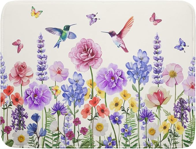 Giwawa Hummingbird Flower Dish Drying Mat 18x24 inch Watercolor Spring Herb by Giwawa