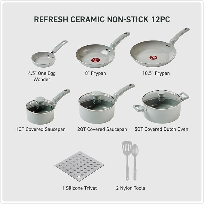 T-Fal Refresh Ceramic Nonstick Cookware Set, 12-Piece Ceramic Pots and Pans Set - Image 2