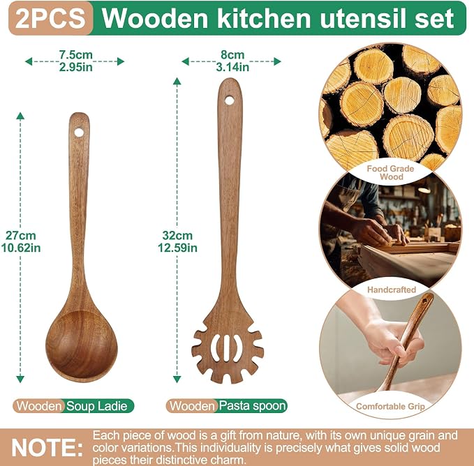 Wooden Ladles for Cooking, 2-Piece Soup Ladle & Pasta Spoon Set, Natural Teak - Image 2