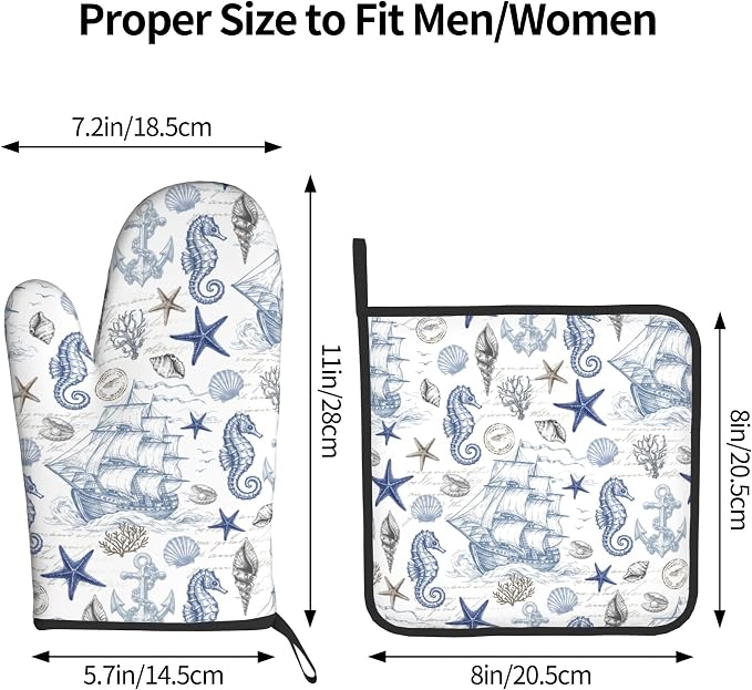 Navy Blue Oven Mitts and Pot Holders Sets Summer Beach Starfish Seashell Oven - Image 3