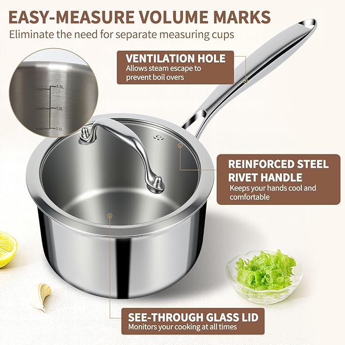 EWFEN 3 Ply Stainless Steel Sauce Pan Set - Image 6