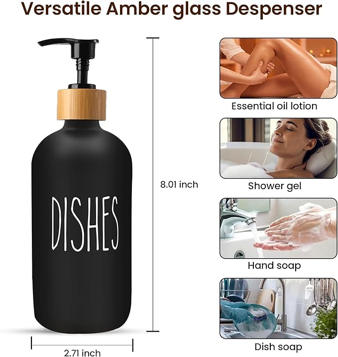 Sunrise Premium 16 OZ Thick Black Glass Soap Dispenser, Bamboo Pump - Image 3
