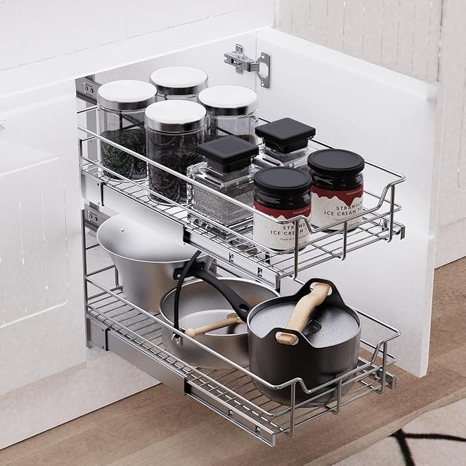 2 Tier Pull Out Cabinet Organizer 11" W X 17" D, Slide Out Drawers - Image 6