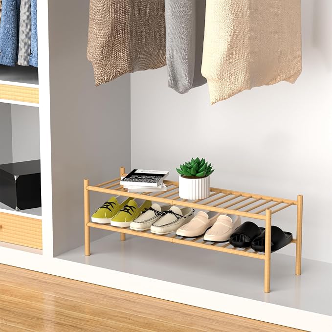 ROMGUAR CRAFT 2-Tier Bamboo Long Shoe Rack, Free Standing Wood Shoe Shelf - Image 4