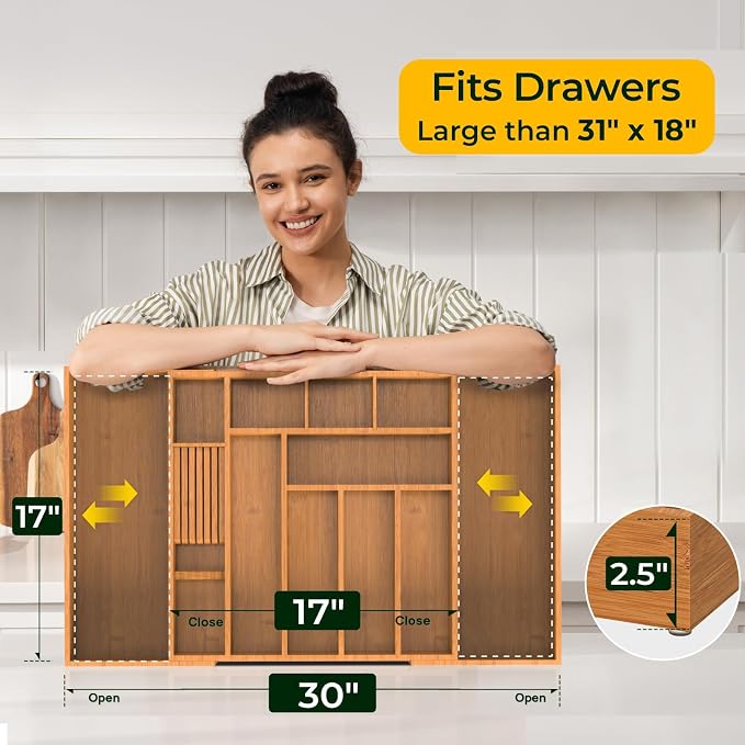 keechee Carbonized Large Bamboo Kitchen Drawer Organizer, 12 Slots Expandable - Image 5