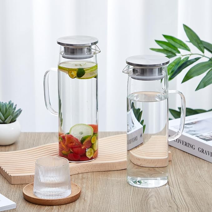 Hsei 2 Sets Glass Pitcher with Lid, 50 oz / 1500 ml Water Carafe with Handles - Image 3