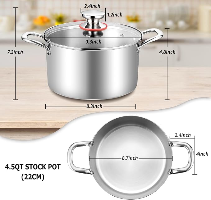 TeamFar 4.5 Quart Stock Pot, Stainless Steel Tri-Ply Cooking Pasta Soup Pot - Image 2