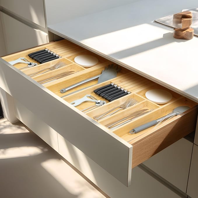 VaeFae Bamboo Kitchen Drawer Organizer, Utensil Tray - Image 6