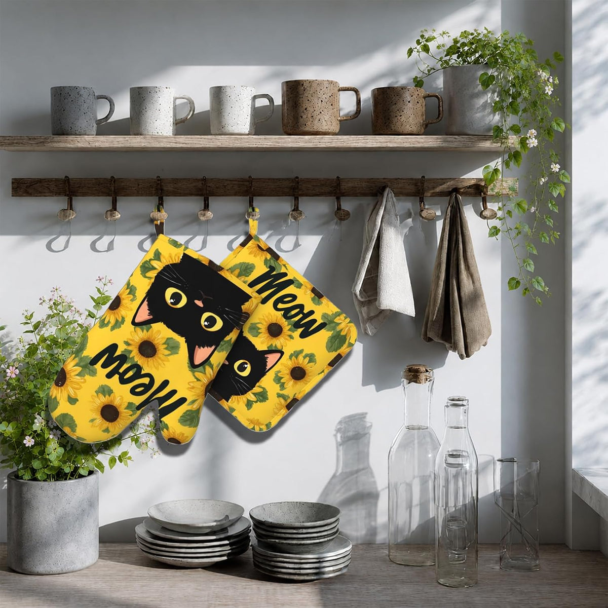 Cute Black Cat Oven Mitts and Pot Holders Sets Sunflower Non-Slip