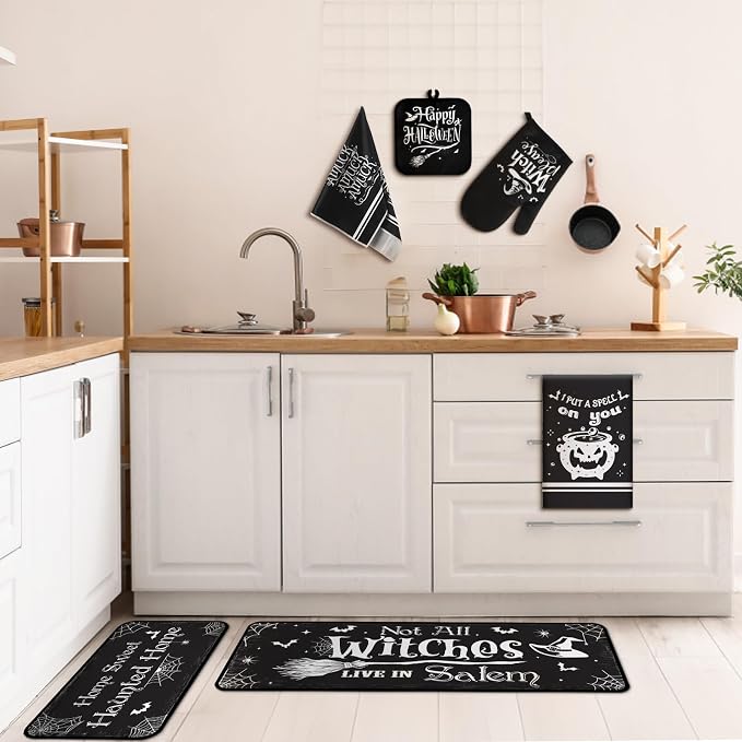 Fanfanwin 10 Pcs Halloween Kitchen Decor Set Witch Kitchen Towels and Rugs Pot - Image 2