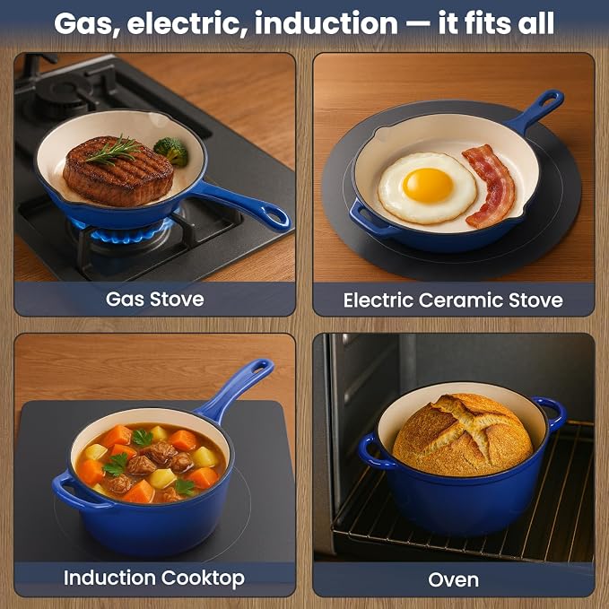 QuliMetal Enameled Cast Iron Cookware Set, Frying Pan, Saucepan & Dutch Oven - Image 4