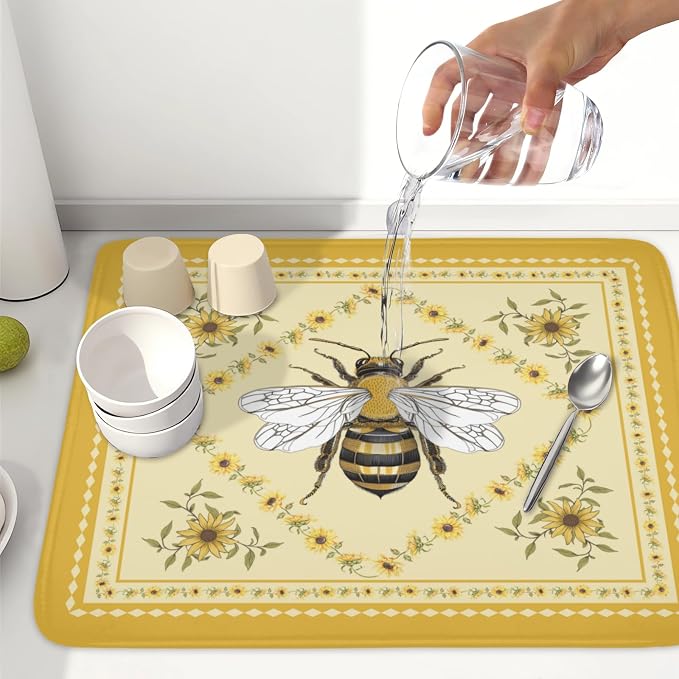 Giwawa Sunflower Bee Dish Drying Mat, Summer Rustic Sunshine Floral Dish - Image 6