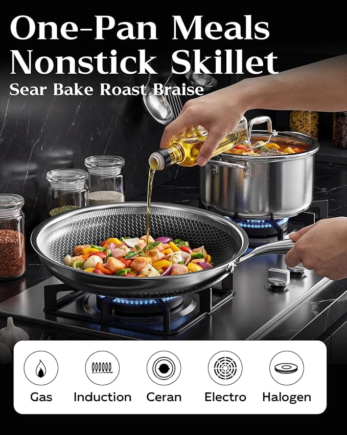 Honeycomb Stainless Steel Nonstick Frying Pan, Induction Cooktop Compatible - Image 4