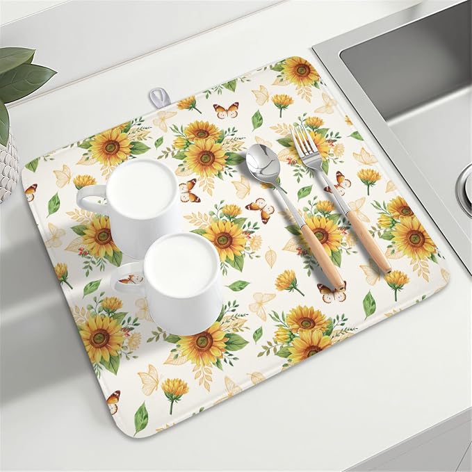 Sunflower Dish Drying Mat for Kitchen Counter Summer Yellow Floral Microfiber - Image 8